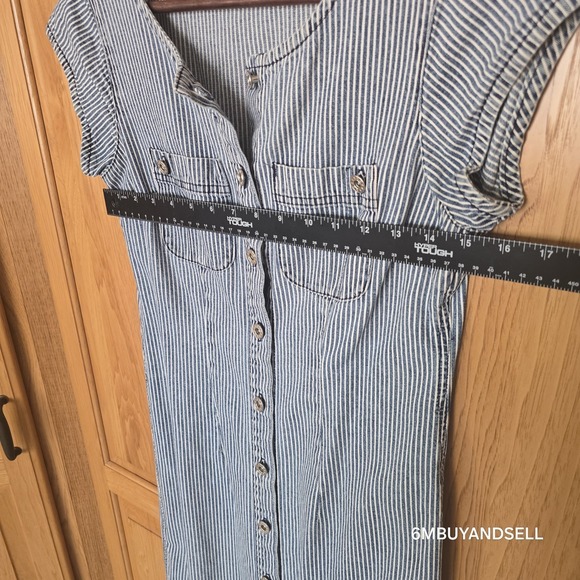 Isabella Bird Women's 4P Blue Railroad Striped Midi Sleeveless Button Down Dress - Picture 6 of 12